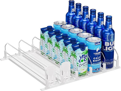 Puricon Fridge Drink Organizer - Spring Loaded, Self Pushing Soda Can & Beer Bottle Organizer - 5 Rows, White