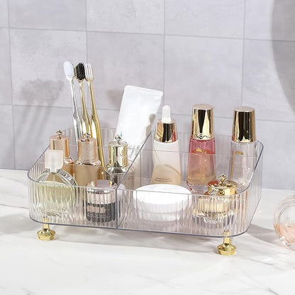 DASITON Makeup Organizer Countertop for Vanity, 5 Slots Makeup Brush Holder Organizer, Vintage Makeup Perfume Tray Cosmetic and Skincare Organizers for Bedroom Bathroom Counter, Desk Storage (Clear)
