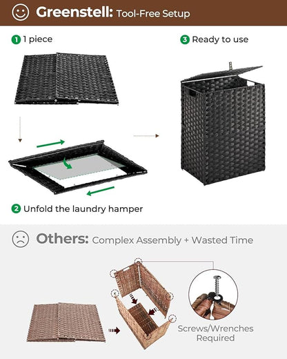 Greenstell Laundry Hamper with 2 Removable Liner Bags, Foldable Divided Clothes Hamper, 90L Handwoven Synthetic Rattan Laundry Basket with Lid and Handles, Easy to Install Black 18.3x13.3x24 Inches