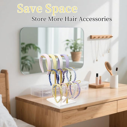 Headband Organizer Metal 3-Tier Hair Hoop Display Stand Headband Holder Organizer Storage Hair Ropes Accessories Bracelets Bangles Bedroom College Dorm Decor for Girls Women, Gold