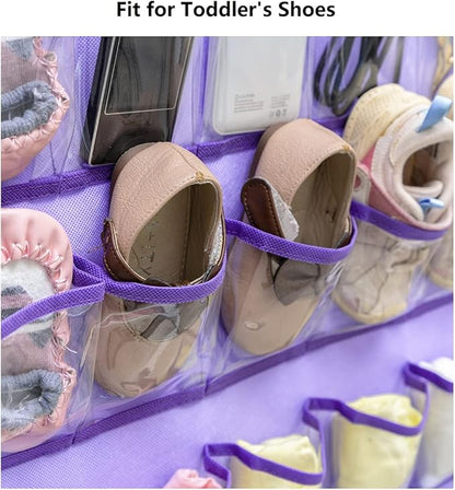 Hanging Baby Shoes Organizer Baby Headband Holder Closet Organizer for Baby Bow Socks Underwear with 30 Clear Pockets (PURPLE)