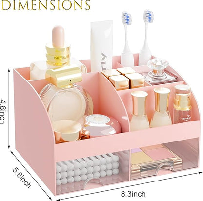 Makeup Organizer with 2 Drawers, Cosmetic Storage for Dresser Vanity and Bathroom Countertop,Make up organization and Skincare Storage with Beauty Brush Holder, Cosmetic Display Case (Pink)