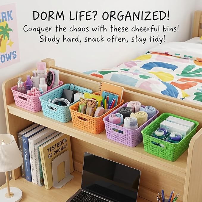 6-Pack Colorful Small Plastic Storage Weave Baskets, Versatile Shelf Organizer Woven Baskets for Classrooms, Children's Rooms & Pantries, 10x7.5x4 inch