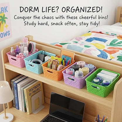 6-Pack Colorful Small Plastic Storage Weave Baskets, Versatile Shelf Organizer Woven Baskets for Classrooms, Children's Rooms & Pantries, 10x7.5x4 inch