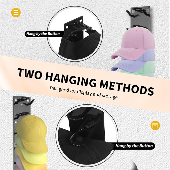 Hat Organizer 2-Pack, Strong Fixed Hat Rack for Wall - Multi-Tier Holds 18 Caps, Space Saving Closet Door Organizer, No Drill Mount for Bedroom/Entryway(2PCSBlack)