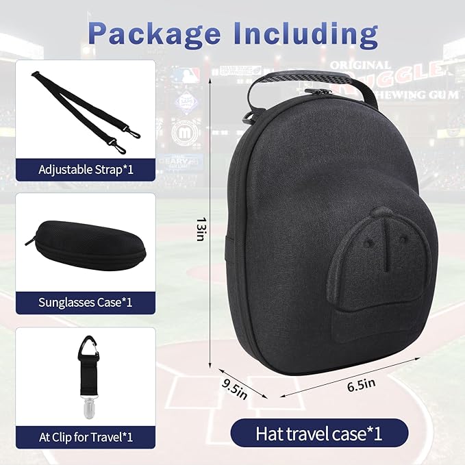 Hat Travel Case, Hard Hat Carrier Organizer with Clip & Glasses Storage, Holds 6 Baseball Caps for Home/Travel - Black