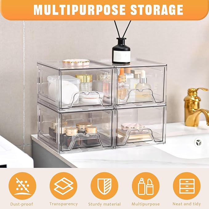 Stebopum 8 Pack Stackable Makeup Organizer, 4.4'' Tall Acrylic Bathroom Makeup Organizer and Storage Drawer with Pull-out Handle, Clear Plastic Storage Bins for Vanity,Pantry,Desk,Undersink,Kitchen
