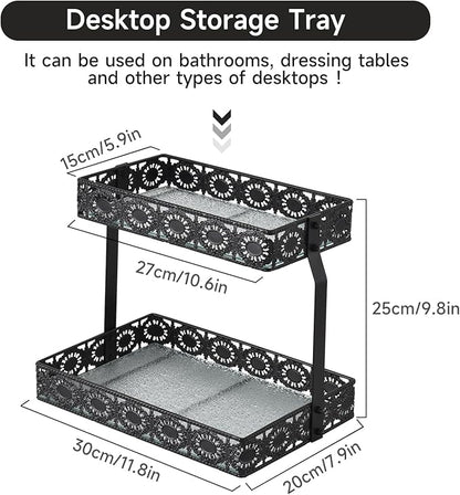 xiaojuande-Two Layer Glass Storage Tray with Portable Dressing Table Skin Care Product Organization Rack Corner Storage Rack for Bathroom Counter High-end Light - (Black)