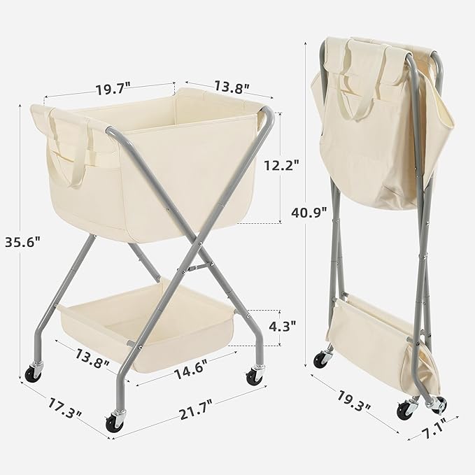 STORAGE MANIAC Collapsible Laundry Cart with Wheels 35.6"H Removable Canvas Bag Rolling Laundry Hamper Clothes Basket with Wheels, Sturdy Steel Frame Folding for Small Narrow Space Easy Storage, Beige