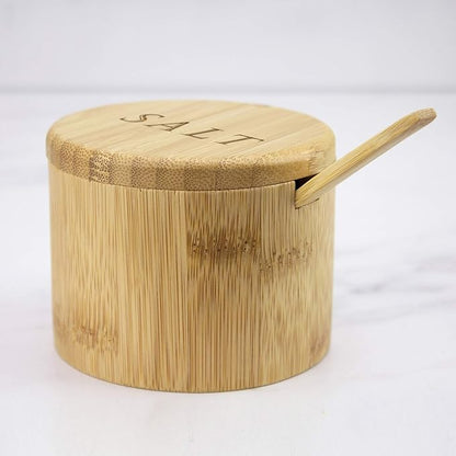 Totally Bamboo Salt Cellar Bamboo Storage Box with Magnetic Swivel Lid, 6 Ounce Capacity, Engraving on Lid, Includes Salt Spoon