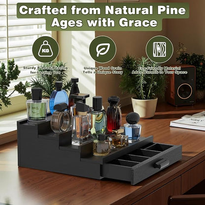 Perfume Cologne Organizer for Men: 4 Tier Wooden Perfumes Stand, Desktop Parfum Holder Wood Display Shelf with Cabinet, Bedroom Dresser Makeup Lotion Jewelry Storage Rack with Drawer