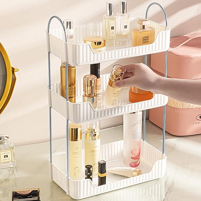 Shuang Qing Bathroom Counter Cosmetic Organizer, 3 Tier-Cream White, Alloy Steel & PET Plastic, Rectangular, Tiered, Perfect for Toiletries & Cosmetics