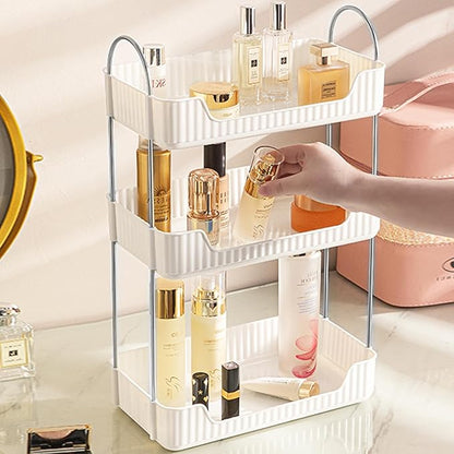 Shuang Qing Bathroom Counter Cosmetic Organizer, 3 Tier-Cream White, Alloy Steel & PET Plastic, Rectangular, Tiered, Perfect for Toiletries & Cosmetics