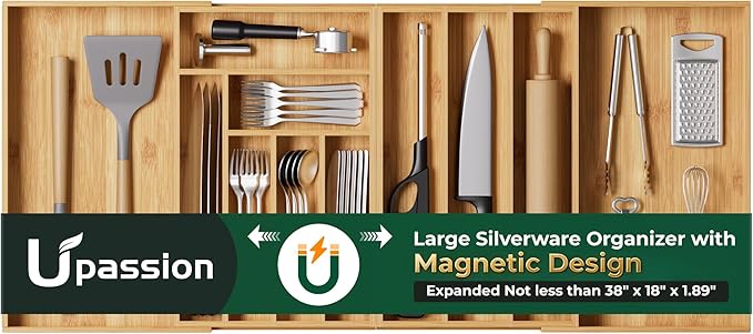 Large Silverware Organizer, 11 Slots Magnetic Connected Expandable Acacia Wood Utensil Drawer Organizer From 21 to 37.4 Inches, Adjustable Flatware and Cutlery Holder, Utensil Tray for Kitchen