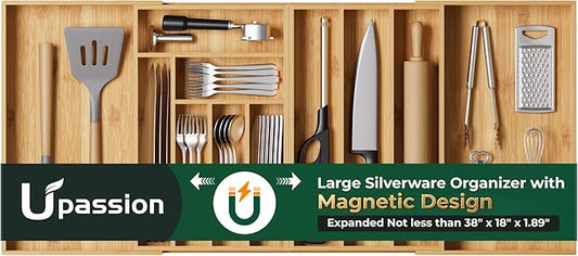 Large Silverware Organizer, 11 Slots Magnetic Connected Expandable Acacia Wood Utensil Drawer Organizer From 21 to 37.4 Inches, Adjustable Flatware and Cutlery Holder, Utensil Tray for Kitchen
