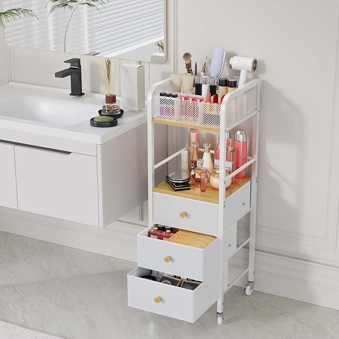 HapiRm Rolling Makeup Cart Organizer - Floor Skincare Make Up Storage with 3 Non-woven Fabric Drawers, Vanity Organizer Cosmetic Display Cases Holder for Skin Care Perfume Nail Polish Brush Hair Tool