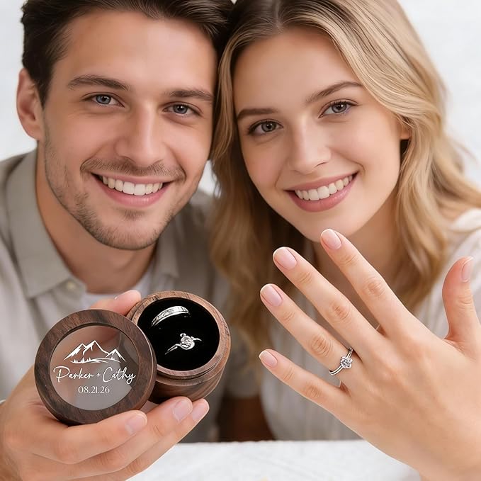 Personalized Ring Box Wedding Day（1-2 slots, Wooden Small Ring Boxes Holder, FREE Custom Name Clear Acrylic Cover, Elegant Round Rings Case for Wedding, Engagement Proposal,Ceremony