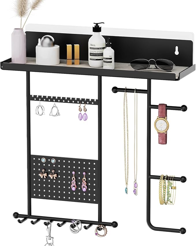 Saydear Wall Mounted Jewelry Organizer with Shelf: Metal Display Stand with Velvet Pad, Multi-Layer Necklace Hanging Rack for Bedroom Bathroom Space Saving No-Drill Wall Decor