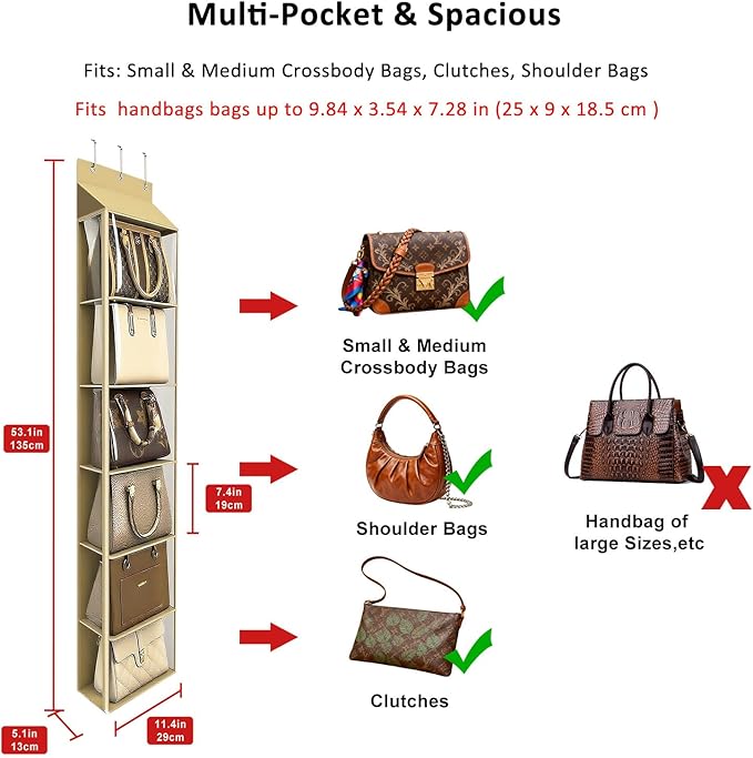 Lirex Over The Door Purse Organizer & Purse Shelf for Closet – Handbag Storage Organizer with Purse Hanger. Perfect for Scarves, Hats, and Leggings. S (11.8'' x 5'' x 51.6''), Khaki