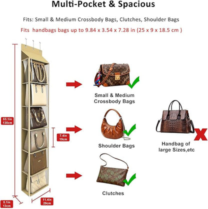 Lirex Over The Door Purse Organizer & Purse Shelf for Closet – Handbag Storage Organizer with Purse Hanger. Perfect for Scarves, Hats, and Leggings. S (11.8'' x 5'' x 51.6''), Khaki