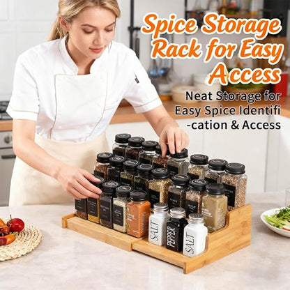 JinDoWin 2 Pack Bamboo Spice Organization for Cabinet, Cabinet Spice Organizer, 3-Tier Spice Rack Organizer for Cabinet, Kitchen Seasoning Organizer & Seasoning Rack