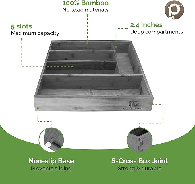 Pristine Bamboo 5-Slot Drawer Organizer - Kitchen and Utensil Organizer - Cutlery Tray - Flatware and Silverware Holder - Gray