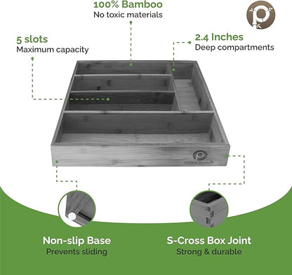 Pristine Bamboo 5-Slot Drawer Organizer - Kitchen and Utensil Organizer - Cutlery Tray - Flatware and Silverware Holder - Gray