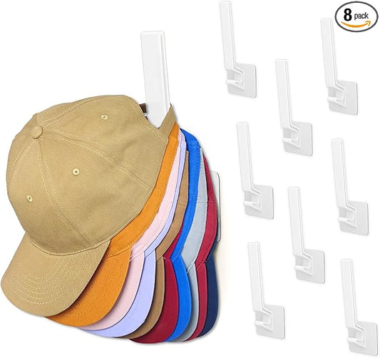 8 Pack Hat Rack for Baseball Cap, Adhesive Ball Caps Holder on Wall, No Drilling Hat Organizer Storage Wall Mount, Hat Hanger Display, White