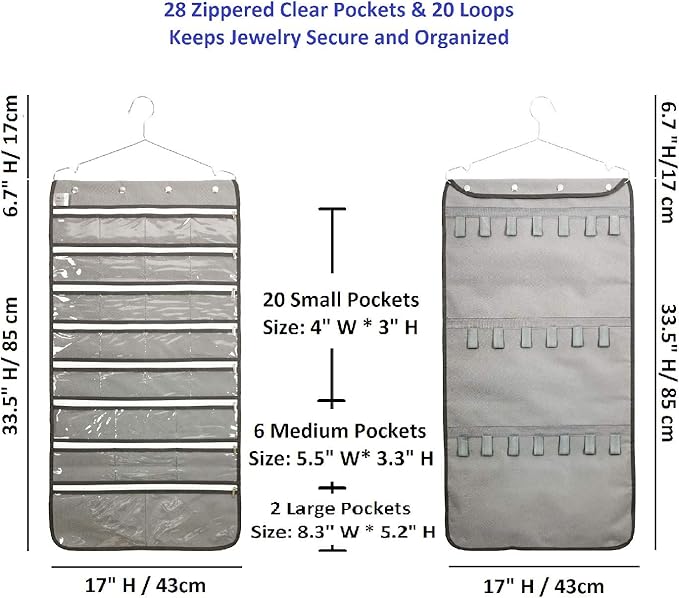 Zippered Jewelry Organizer Dual Sided Hanging with Hanger for Travel Home Closet Storage (28 Zippered Clear Pockets and 20 Tape Loops Grey)