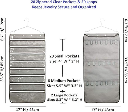 Zippered Jewelry Organizer Dual Sided Hanging with Hanger for Travel Home Closet Storage (28 Zippered Clear Pockets and 20 Tape Loops Grey)