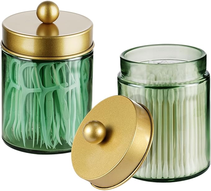 3 Pack Apothecary Jar Canisters Bathroom Vanity Organizer - Qtip Holder Storage Organizer Set Countertop Canister with Stainless Steel Lids &Cute Stickers for Qtips,Cotton Swabs,Makeup Sponges,Floss