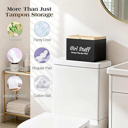 Luxspire Tampon Holder for Bathroom - Discreet Feminine Product Organizer with Lid & Wood Pad, Shark Week Tampon Storage Box, Stylish Girl Stuff Organizer for Bathroom, Black