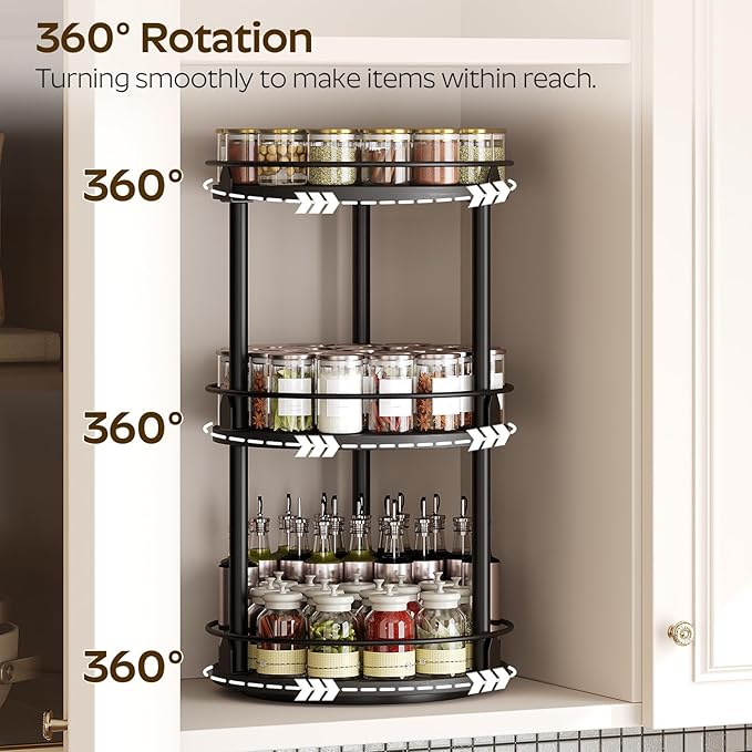 YATINEY 3-Tier Lazy Susan Organizer, Rotating Spice Rack, Spinning Organizer, Industrial Turntable Spice Rack Organizer for Cabinet, Kitchen Countertop, Pantry, Black SR23BK