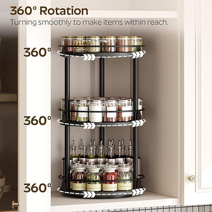 YATINEY 3-Tier Lazy Susan Organizer, Rotating Spice Rack, Spinning Organizer, Industrial Turntable Spice Rack Organizer for Cabinet, Kitchen Countertop, Pantry, Black SR23BK
