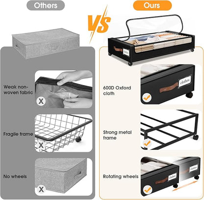 SpaceHacks Under Bed Storage with Wheels 3Pack Storage Containers with Clear Window&Label Under Bed Drawers Rolling Under Bed Storage for Clothes,Shoes, Blankets (30.71 x 16.93 x 6.69 in, Black)