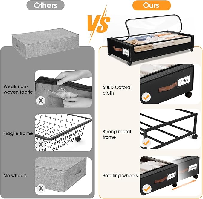 SpaceHacks Under Bed Storage with Wheels 1Pack Storage Containers with Clear Window&Label Under Bed Drawers Rolling Under Bed Storage for Clothes,Shoes, Blankets (30.71 x 16.93 x 6.69 in, Black)