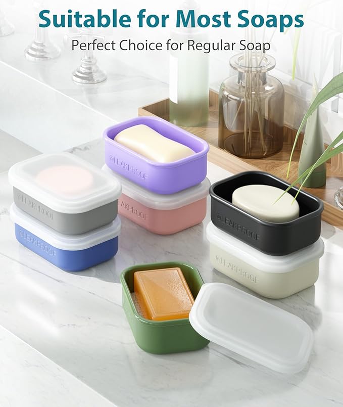 Quatish Compact Leakproof Travel Soap Case, Silicone Soap Box with Draining Layer, Enhanced Soap Container, Suitable for Camping, Gym, Bathroom, Outdoor Essentials, Grey