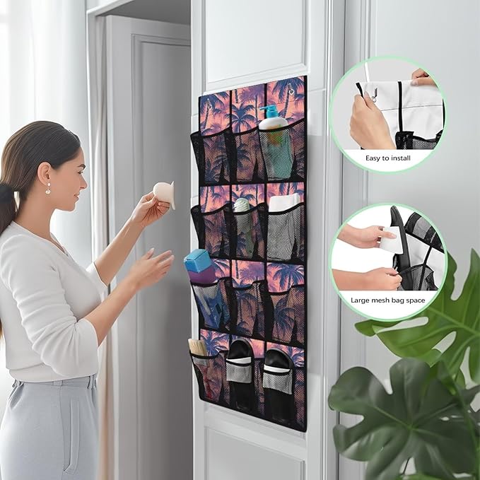 Coconut Tree Over the Door Shoe Organizer 12 Large Pockets Hanging Shoe Rack for Closet Sturdy Oxford Fabric Shoe Storage Organizer