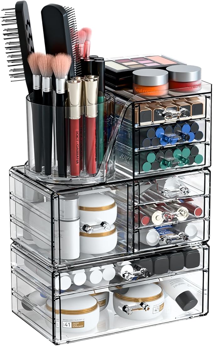 SuoXing 3 Pack Clear Acrylic Makeup Organizer for Vanity With 9 Drawer, Skincare Organizers Countertop With Make up Brush Holder,Bathroom Make up Drawer Storage for Beauty,Hair Accessories Organizer | Cute, with Brush Holder, Lipstick