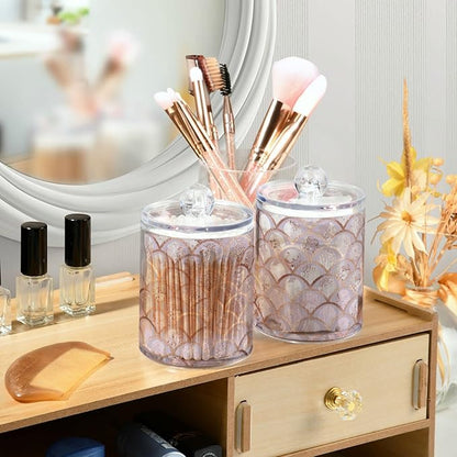 ALAZA 2 Pack Qtip Holder Dispenser Rose Gold Mermaid Pink Marble Bathroom Organizer Canisters for Cotton Balls/Swabs/Pads/Floss,Plastic Apothecary Jars for Vanity