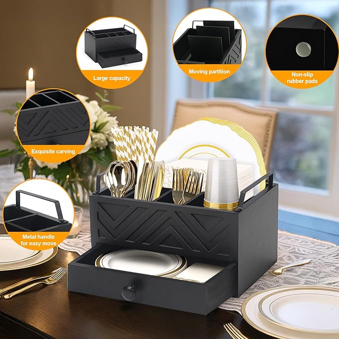 Paper Plate Dispenser with Drawer, country style Wood Kitchen Counter, Picnic, Party, Camping - Caddy Organizer for Cups, Spoons, Forks, Plates, office supplies, Napkins & Silverware（Black）