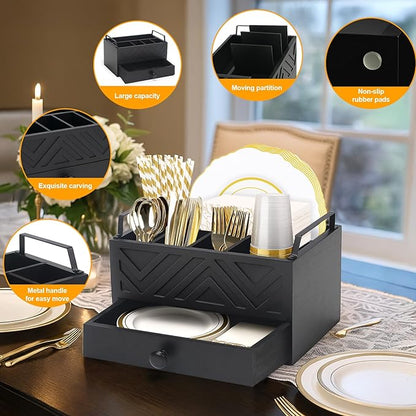 Paper Plate Dispenser with Drawer, country style Wood Kitchen Counter, Picnic, Party, Camping - Caddy Organizer for Cups, Spoons, Forks, Plates, office supplies, Napkins & Silverware（Black）