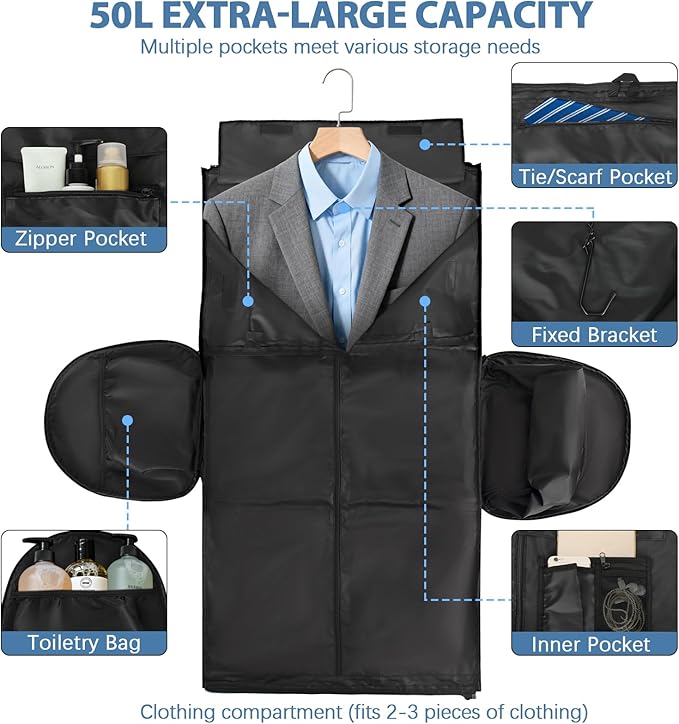 Garment Bags for Travel,50L Carry on Convertible Garment Duffle bag with Shoulder Strap,3 in 1 Hanging Suit Travel Bag with Shoulder Strap