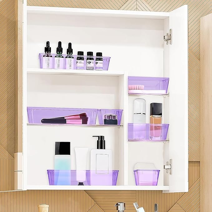StorMiracle 10 PCS Drawer Organizer Set, 4 Varied Size Bathroom and kitchen Drawer cabinet organizer Trays, Clear Storage Bins for Makeup, Jewelry, Utensils and Gadgets, Purple