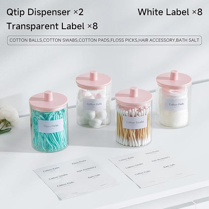 TIPGO Glass Qtip Holder Dispenser for Bathroom - 10 oz Clear Canister Apothecary Jar for Cotton Swabs, Balls, Pads, Floss Picks, Small Containers for Makeup Storage Organizer (2 Pack, Pink)