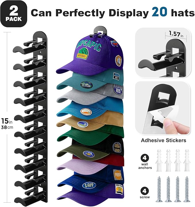 2 Pack Hat Organizer for Baseball Caps, Hat Rack for Wall Hold Up to 20 Hats, Hat Holder with Strong Adhesive and Screws, Hat Organizer Wall Mounted Hat Hanger Display for Door Closet Bedroom(B-Black)