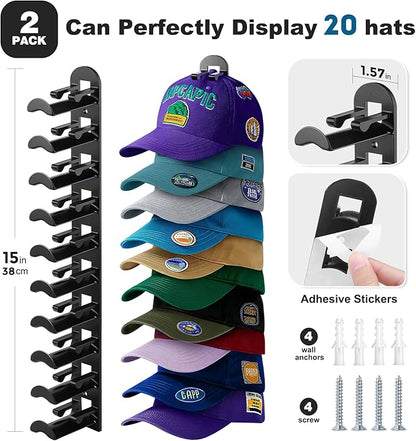 2 Pack Hat Organizer for Baseball Caps, Hat Rack for Wall Hold Up to 20 Hats, Hat Holder with Strong Adhesive and Screws, Hat Organizer Wall Mounted Hat Hanger Display for Door Closet Bedroom(B-Black)