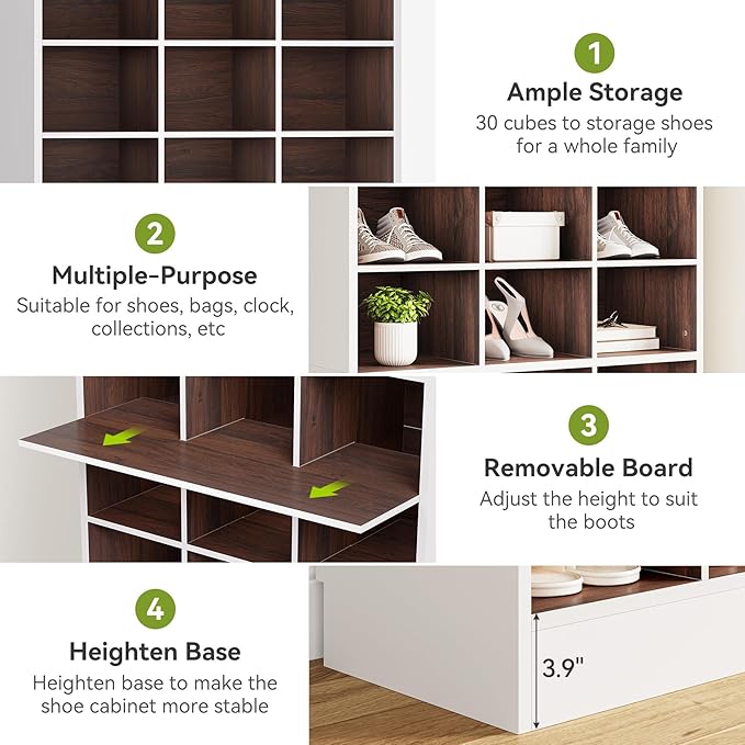 LITTLE TREE 70.9" Tall Shoe Rack, 10-Tier Freestanding Shelf, Max. Store 30 Pairs, Shoe Cabinet Organizer for Living Room, Entryway, Cloakroom, White + Brown