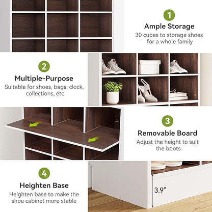 LITTLE TREE 70.9" Tall Shoe Rack, 10-Tier Freestanding Shelf, Max. Store 30 Pairs, Shoe Cabinet Organizer for Living Room, Entryway, Cloakroom, White + Brown