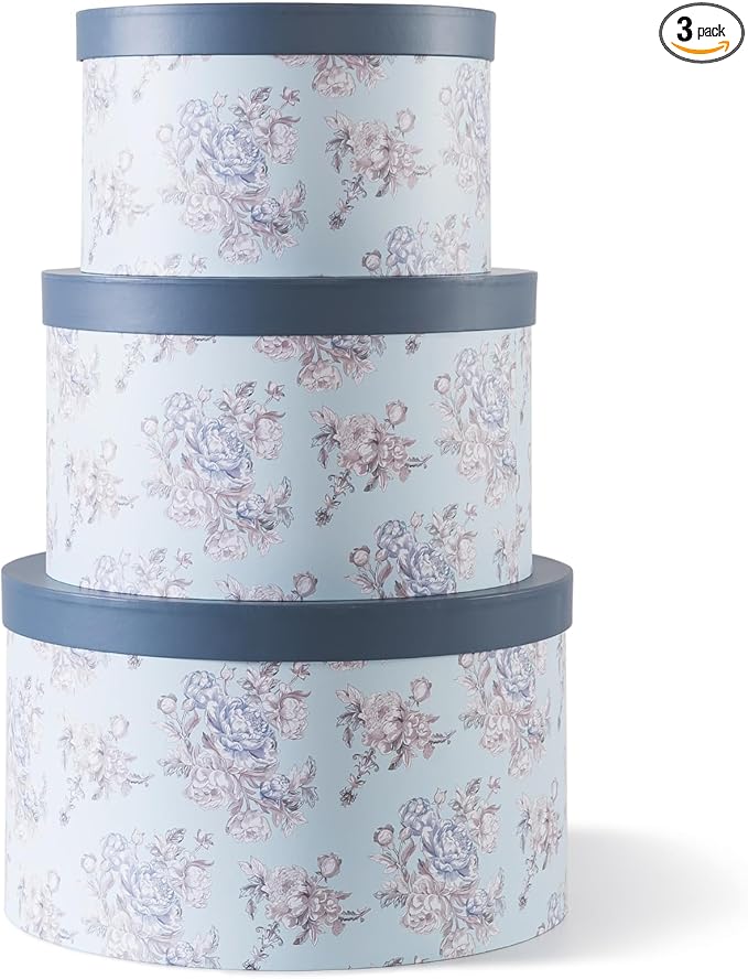 Soul & Lane Cardboard Hat Boxes with Lids – Set of 3 Vintage Storage for Women, Large Round Gift Case for Cowboy or Fedora Hats, Sturdy Paperboard Keepsakes Organizer, Victorian Floral